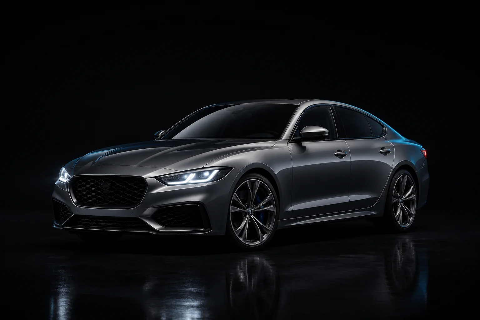 Graphite sports sedan in a dark automotive studio