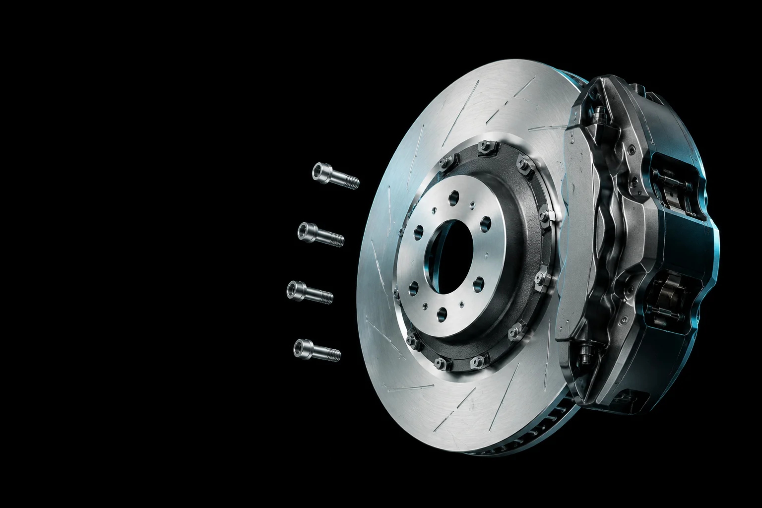 Exploded brake rotor assembly with floating mounting bolts